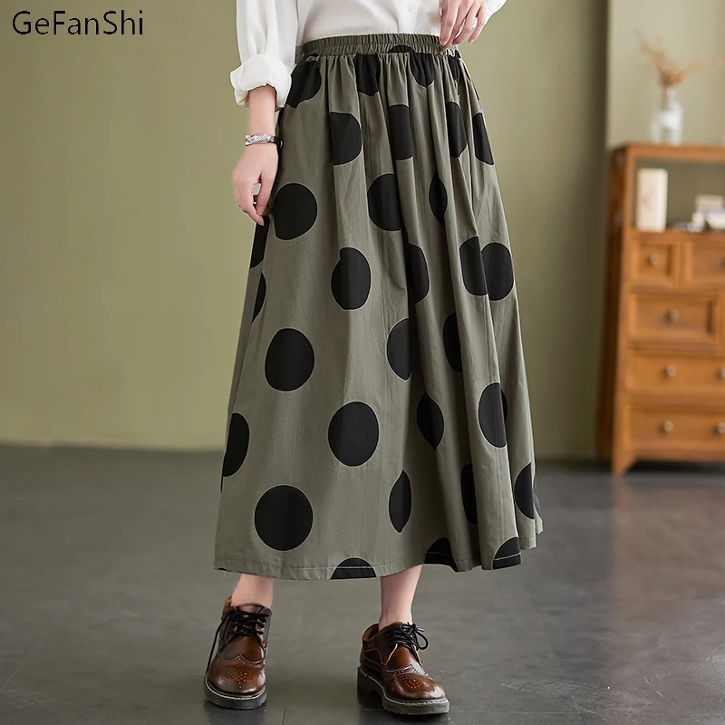 

New Arrival Autumn Women Skirt Vintage Dot Elastic Waist Female Long Skirt Autumn Winter Elegant Ladies Fashion A-line Skirts