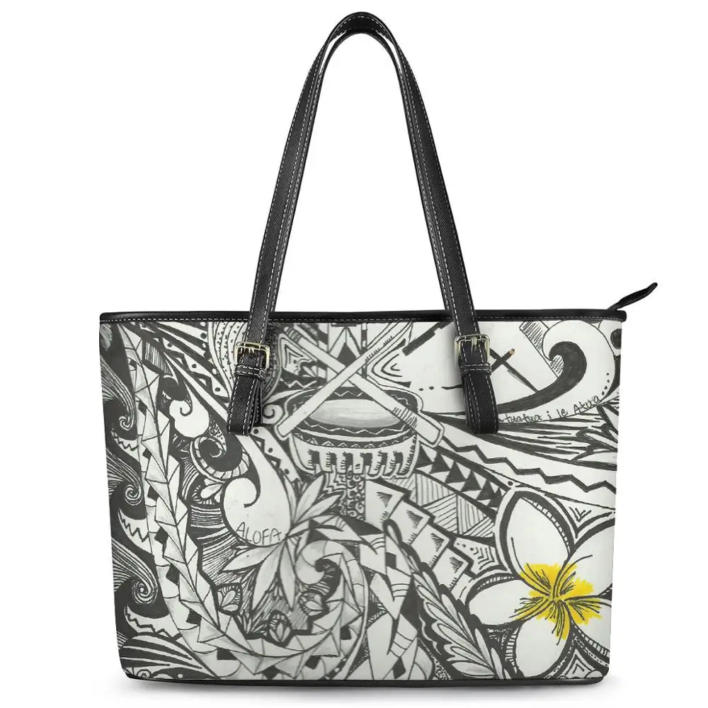 

Polynesian Traditional Design Leather Female Bags Casual Flower Print Shoulder Bags Ladies Beach Handbag Fashionable Large Totes