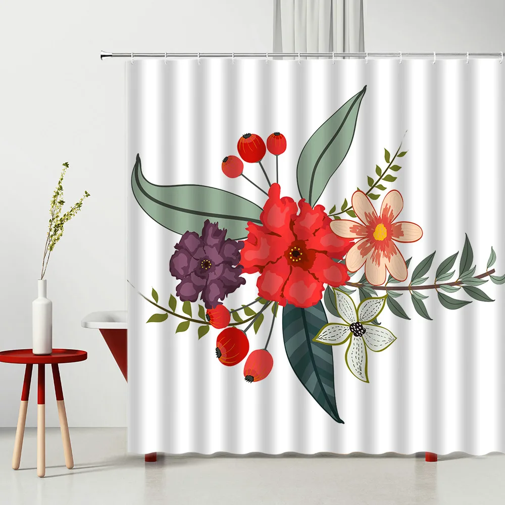 

Shower Curtains Minimalist Plants Red Flower Pattern Bathtub Decoration Hanging Curtain Bathroom Partition Multiple Size