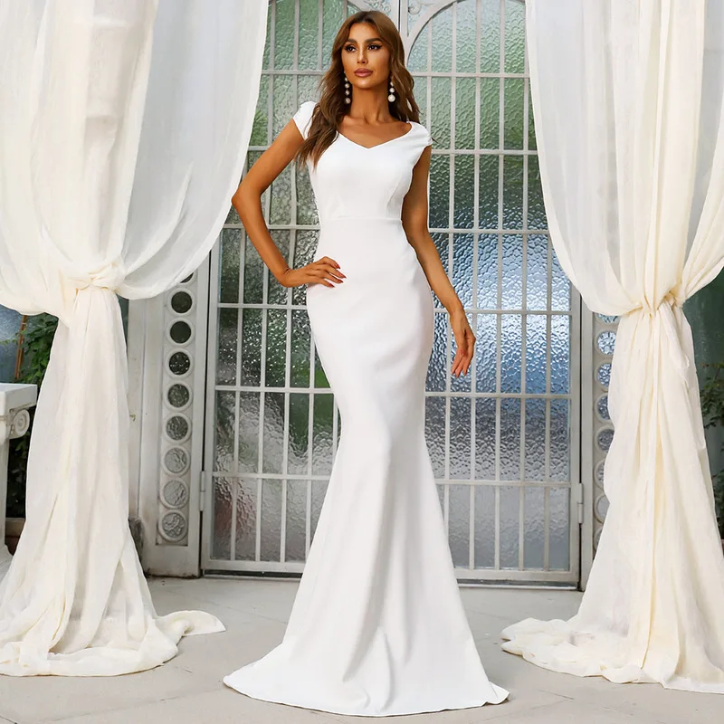 

Donsignet Autumn White Wedding Dress for Women V Neck Evening Dress Woman Spaghetti Strap Womens Formal Dresses