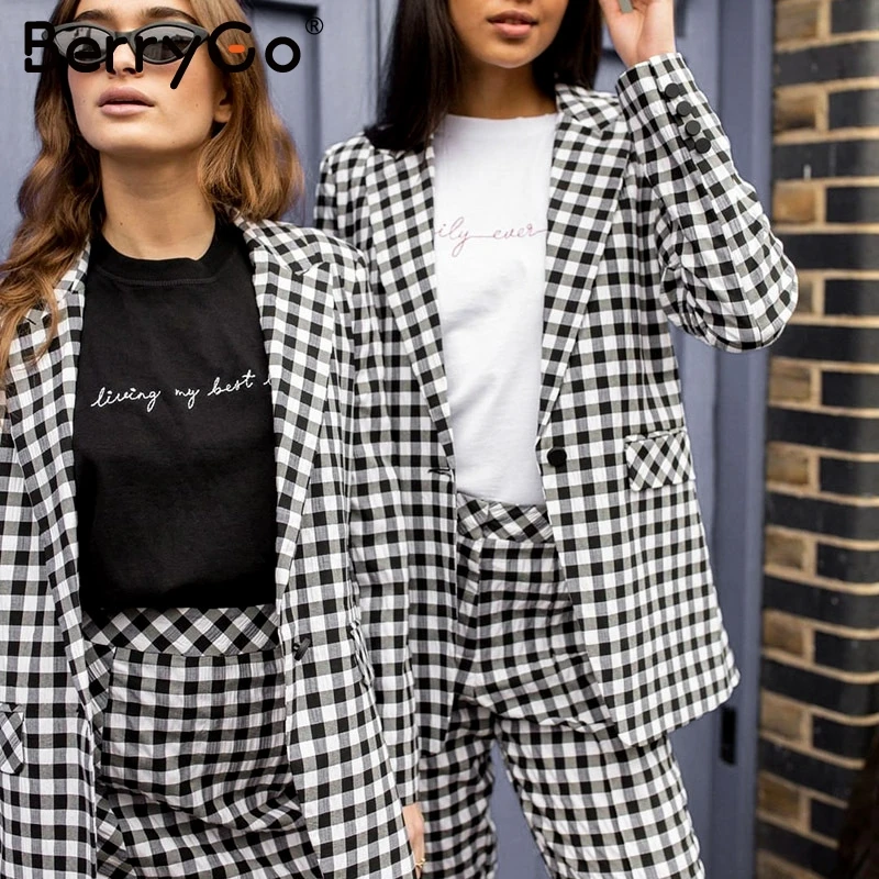 BerryGo элегантный офисный женский клетчатый Блейзер костюм Повседневный на молнии