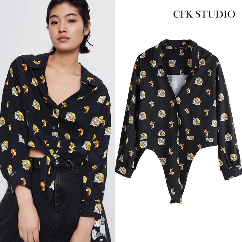 Женская блузка с отложным воротником Za повседневный свободный милый черный топ