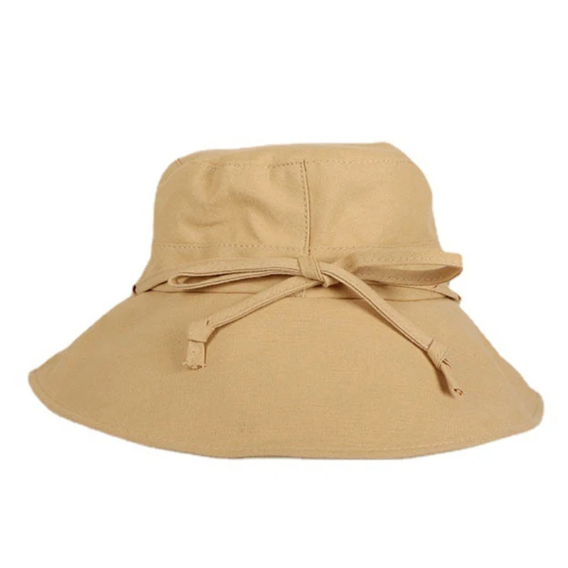 

K3NF Women Foldable Wide Wired Brim Sun Hat UV Protection Ribbon Bow Beach Bucket Cap