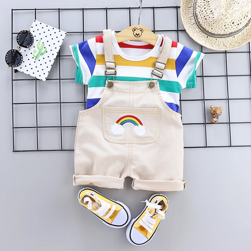 Fashion 2pcs Set Toddler Baby Boy Girls Kids Rainbow Striped Short Sleeves Tops T-shirt Straps Denim Overalls Suit Outfits | Детская