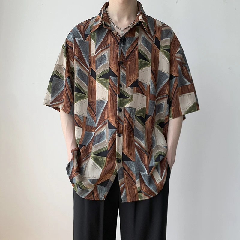 

Men Short Sleeve Shirts Retro Loose Print Casual Beach Summer Tops Mens Trendy Korean Style Vintage Stylish All-match Ulzzang