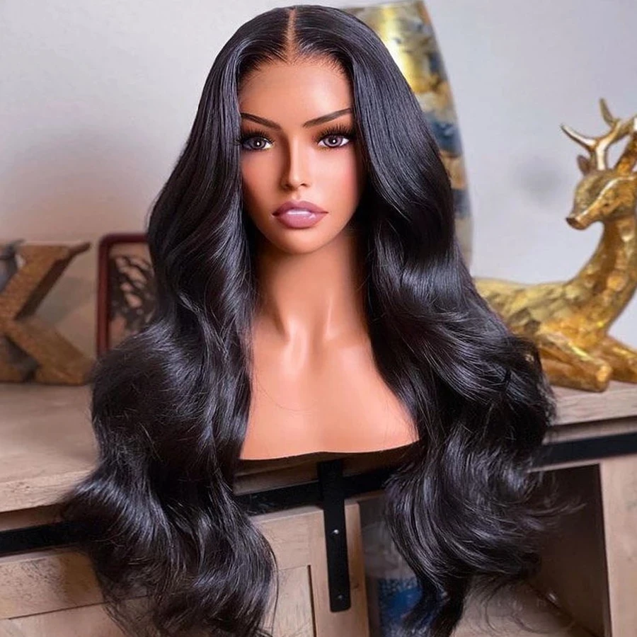 

26Inch Natural Black Long Body Wave Synthetic Lace Front Wig For Women With Baby Hair Heat Resistant Fiber Hair Daily Wear Wig