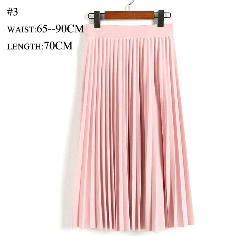 Light Pink SheBlingBling плиссированная летняя юбка Осенняя мода Высокая талия сплошной цвет до середины икры юбка универсальная Свинг эластичная талия миди юбка - Цвет: Light Pink