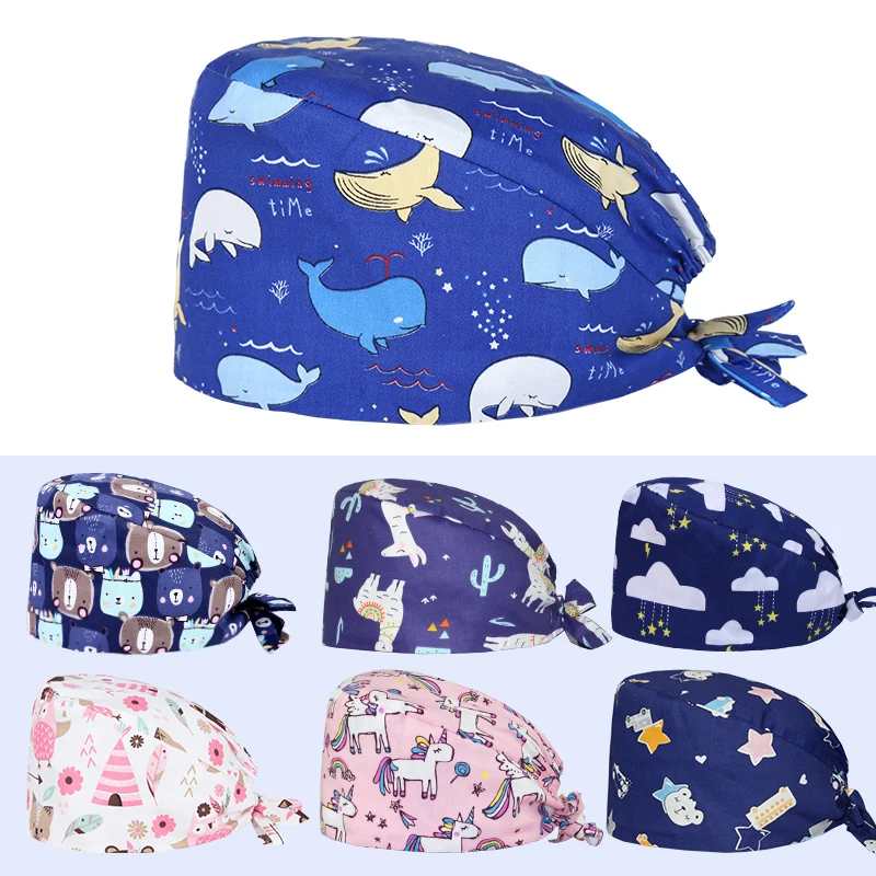 

Whale Sales Print Scrub Cap Working Skull Hat Unisex 100% Cotton Beautician Pet Work Tieback Inner Sweatband Work Caps