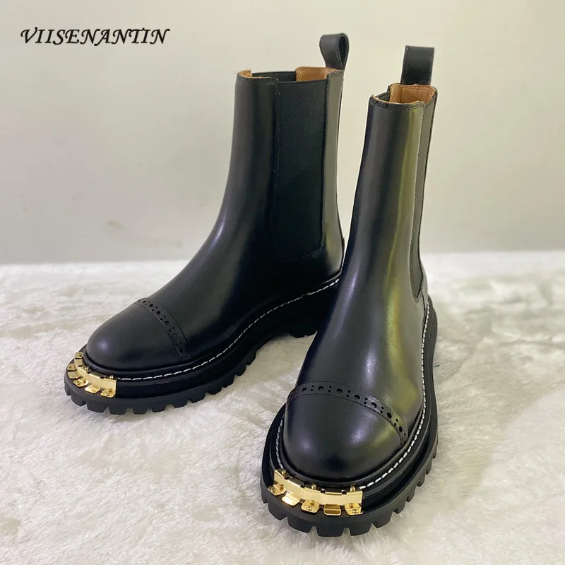 

Black Personalized Genuine Leather Chelsea Boots Trendy Fashion Metal Decoration Casual All-match Thick-soled Martin Boots