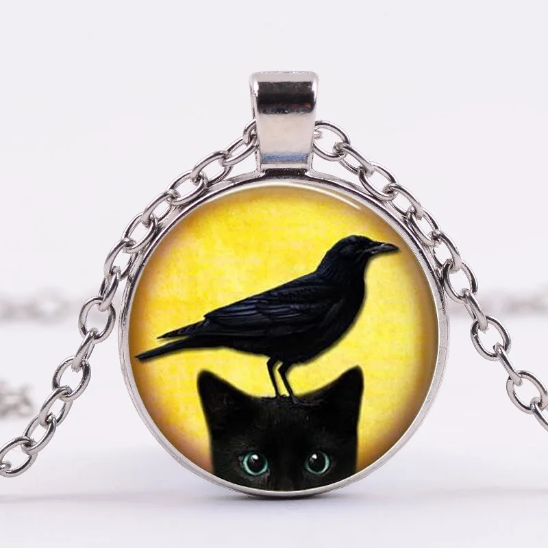 Модное ожерелье с подвеской из круглого стекла в виде милой кошки вороны птицы
