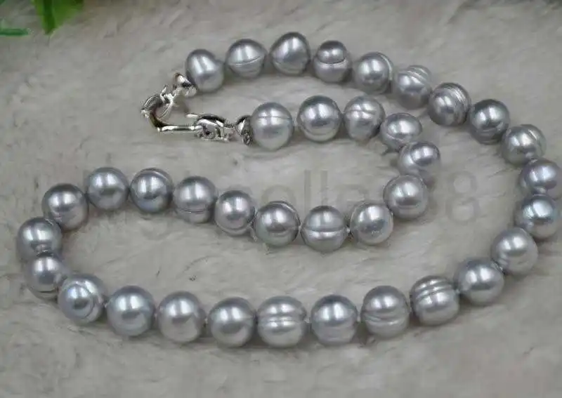 

17" 9-10mm gray freshwater pearl choker necklace SILVER AAAA+ Free shipping