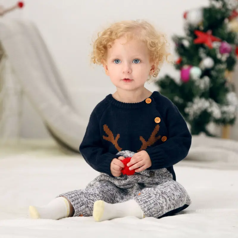 

Baby Boys Christmas Rompers Reindeer Knitted Infantil Jumpsuits Toddler Girls New Year's Costume Children Warm Wool Clothes 0-2Y
