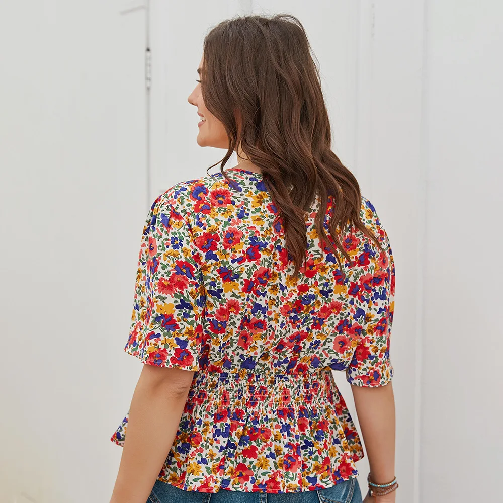 

Short Sleeve Floral Printed Blouses High Waist Slim XL To 4XL Plus Size Blusas Mujer V-neck Sexy Women Tops T2122019