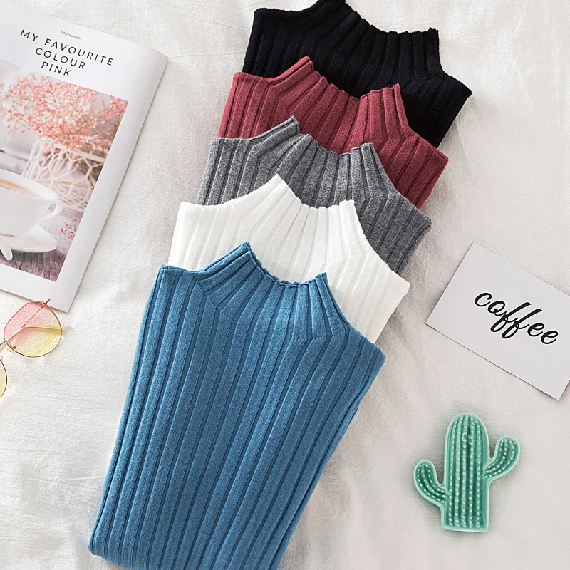 

Pullover Ribbed Knitted Sweater Autumn Winter Clothes Women 2020 High Neck Long Sleeve Slim Basic Woman Sweaters Tops