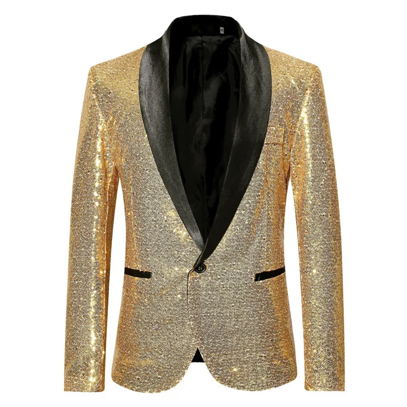 Chaqueta con lentejuelas doradas brillantes para hombre, chaqueta con purpurina, cuello chal, traje de un botón, traje de cantante de escenario, 2022
