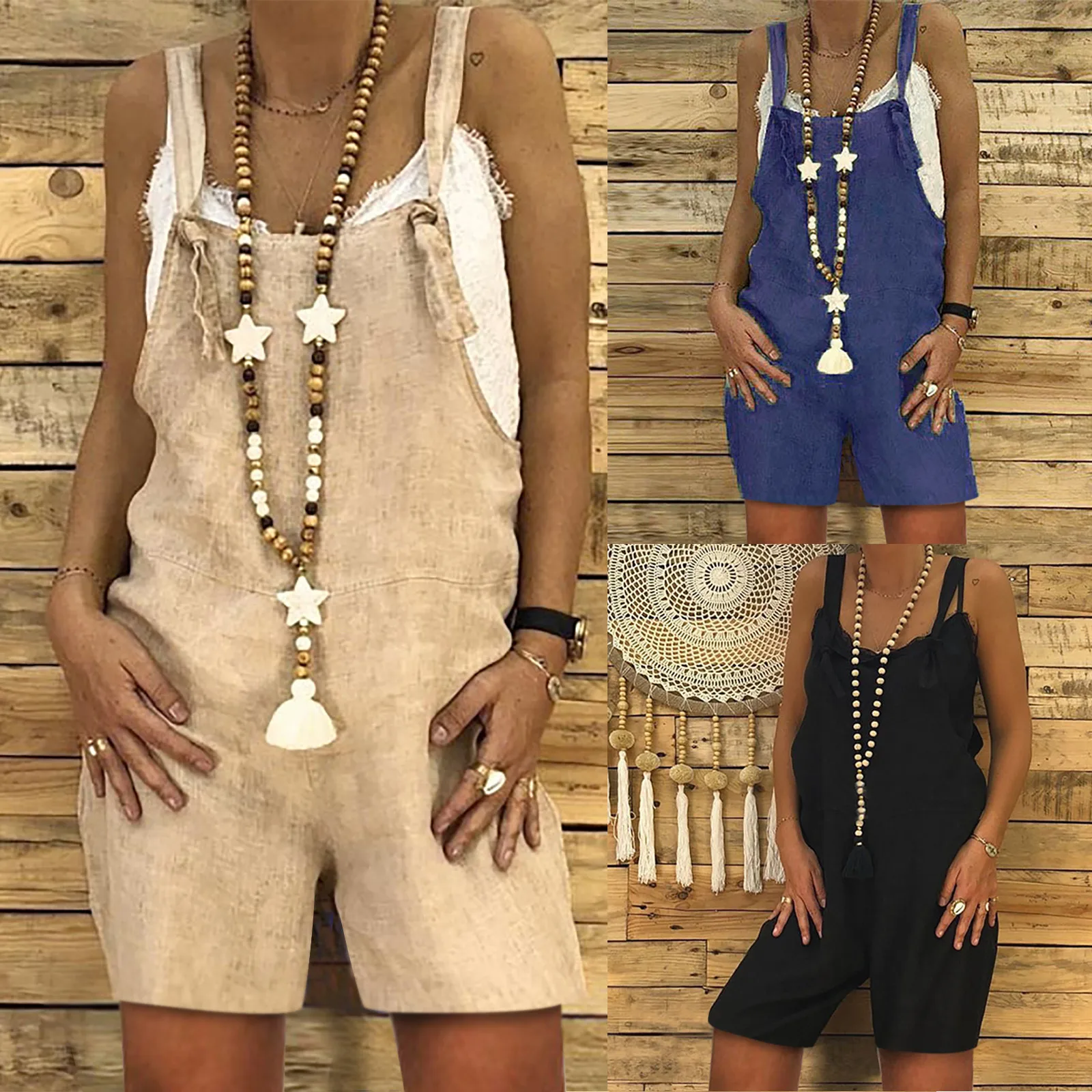 

Women Rompers Summer Casual Loose Sleeveless Jumpsuit Solid Retro Pocket Suspenders Bib Short Pants Wide Leg Playsuits Overalls