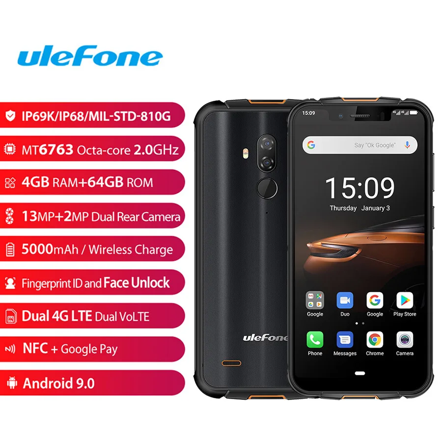 Ulefone Armor 5S 5 85 ''водонепроницаемый IP68 NFC прочный MT6763 Otca-core Android 9 0 4 Гб + 64
