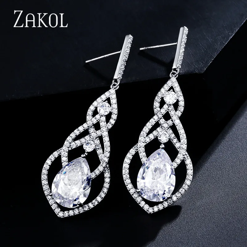Роскошные блестящие серьги подвески ZAKOL с фианитами для невесты украшения