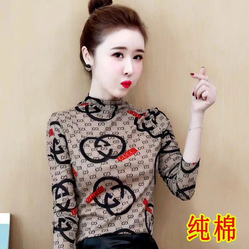 

100% cotton T-shirt semi-high collar base shirt women 2020 spring and autumn new long sleeve T-shirt foreign style jacket women