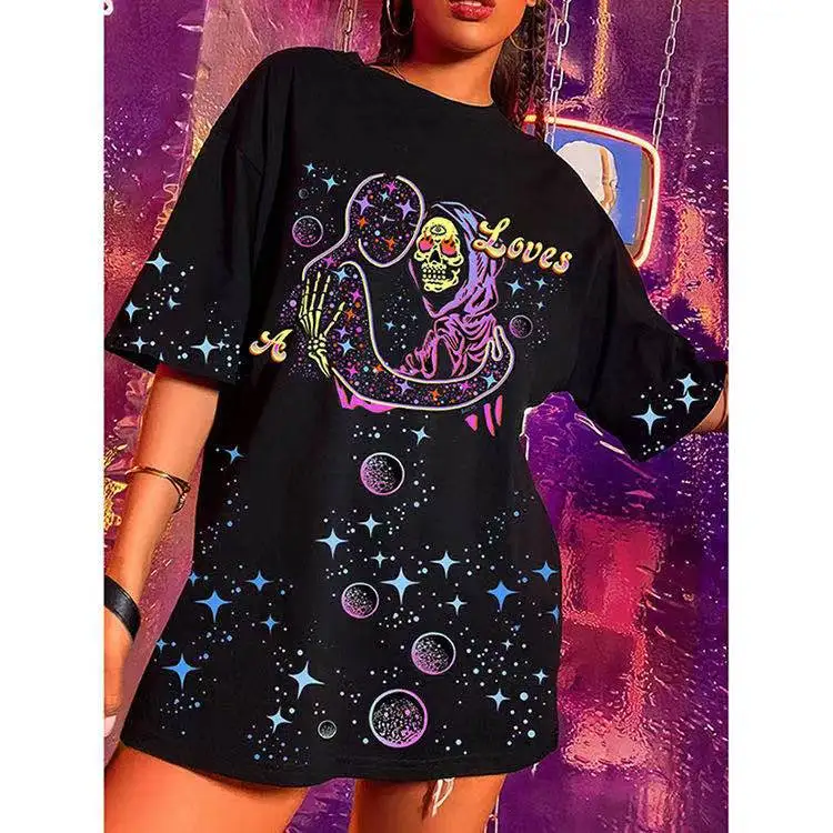 

Летние свободные размера плюс с коротким рукавом Уличная мода повседневная различные печати интересным узором для женщин с О-образным выре...