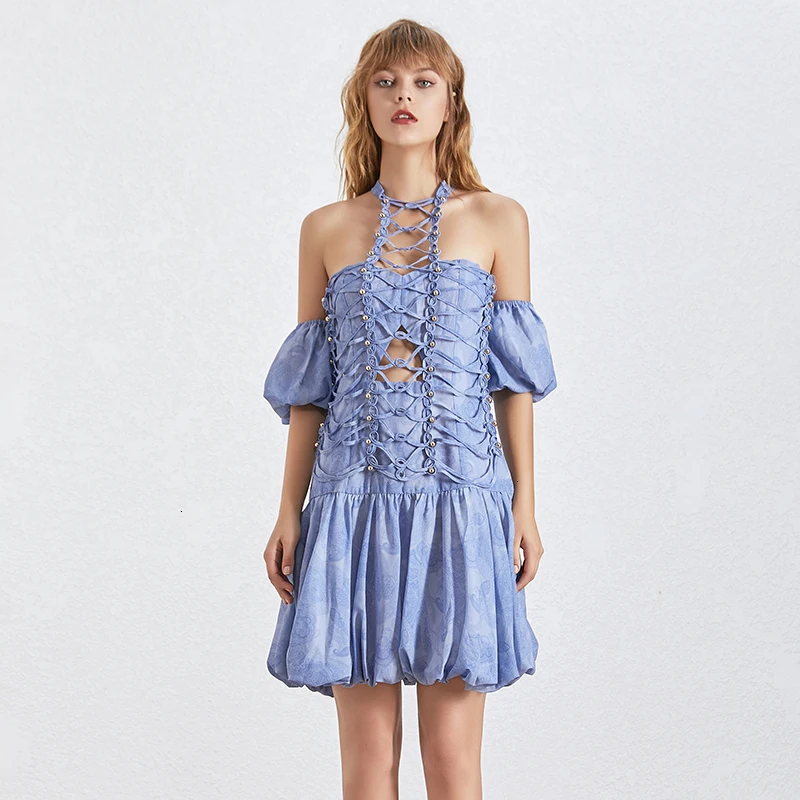 TWOTWINSTYLE выдалбливают повязки платье для женщин фонарь рукав Высокая талия с открытыми плечами винтажные платья Женская мода