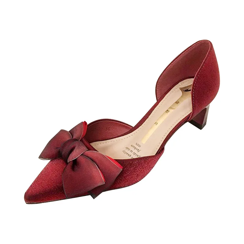 

2021 New Summer heels shoes Wedding Shoes Single Shoes Women's Sping Sandal Pointed Chunky Heel Bow 5cm Korean-Style All-match