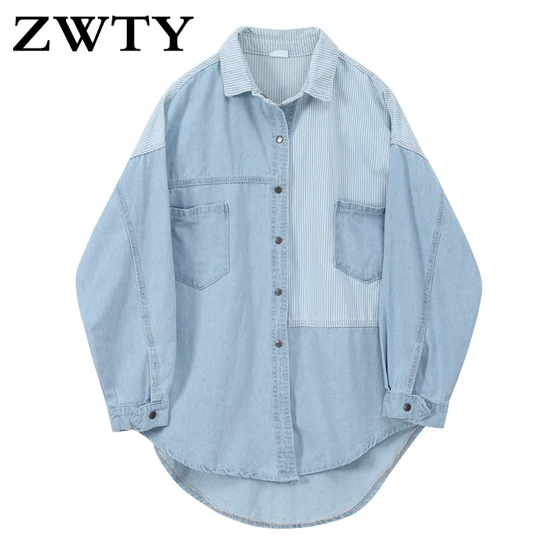 

ZWTY Lrregular Spliced Denim Shirt Coat Women Long Sleeve Pocket Cardigan Streetwear BF Jean Jacket Harajuku Cowboy Outwear Tops