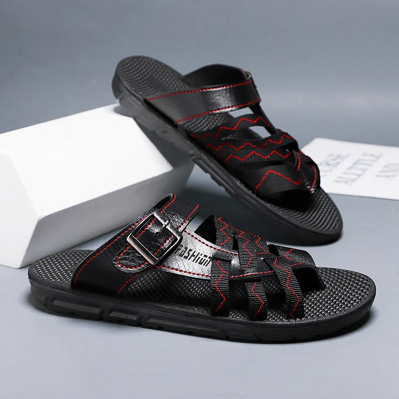 Сандалии мужские из ПУ кожи повседневные пляжные шлепанцы для ходьбы черные