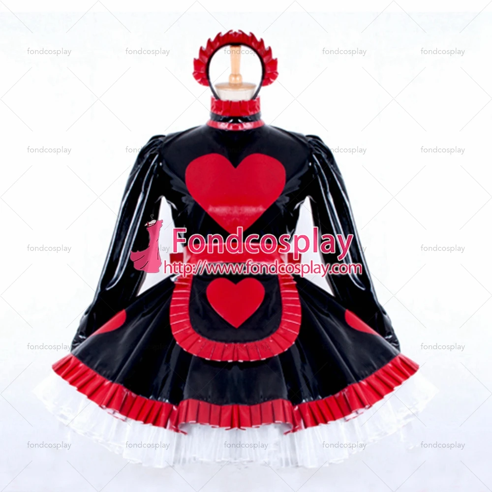 

fondcosplay adult sexy cross dressing French sissy maid Lockable Black heavy Pvc Dress Uniform red Heart apron Custom-made[G796]