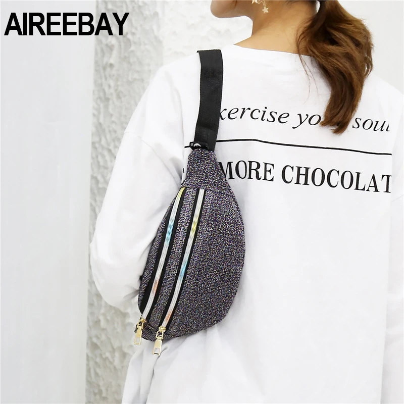 AIREEBAY Женская поясная сумка, новая брендовая модная сумка с блестками, Повседневная Женская поясная сумка, Золотая пряжа, тканевая сумка для телефона, кошелек для денег