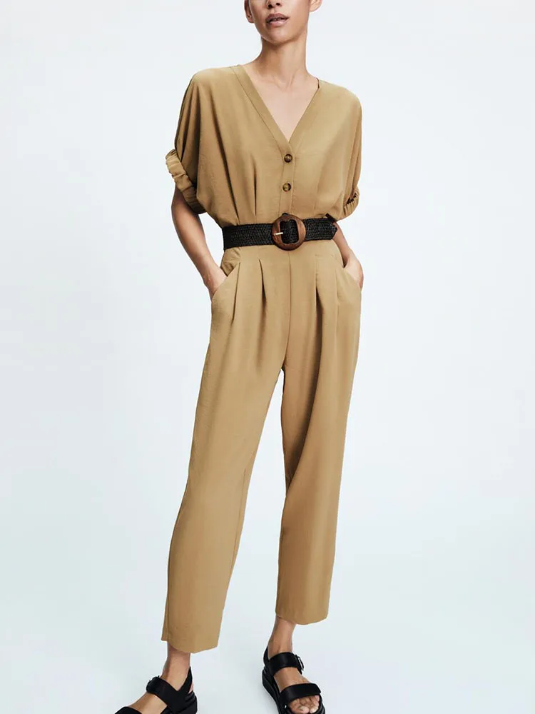 

ZA spring new women's clothing V-neck casual with belt long high-waist jumpsuit