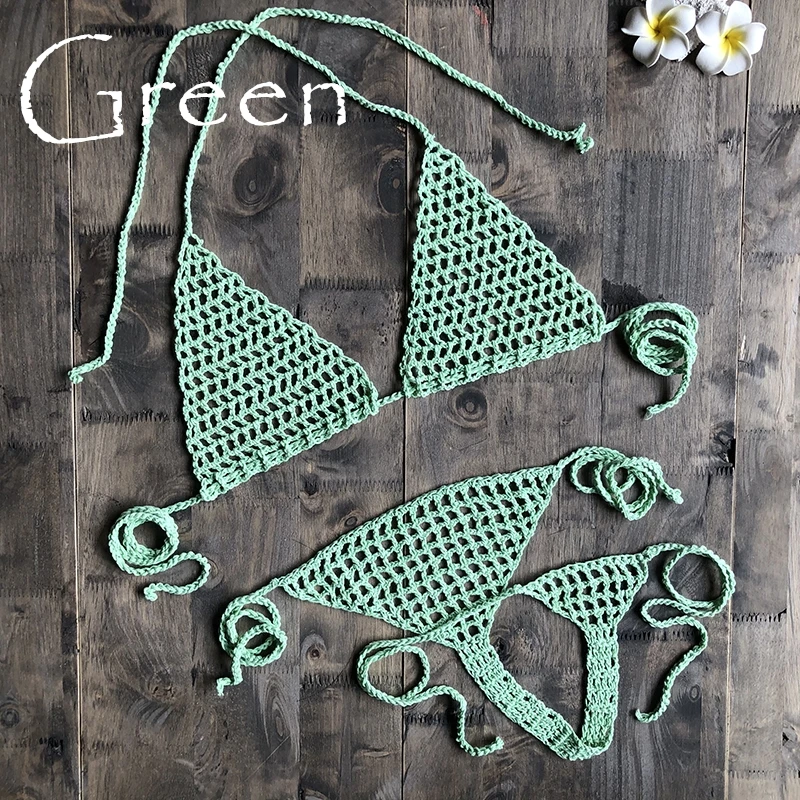 Green Новинка, ручная работа, вязанное крючком микро бикини, стринги, пляжные микро купальники, сексуальное нижнее белье, наборы, горячая распродажа - Цвет: Green