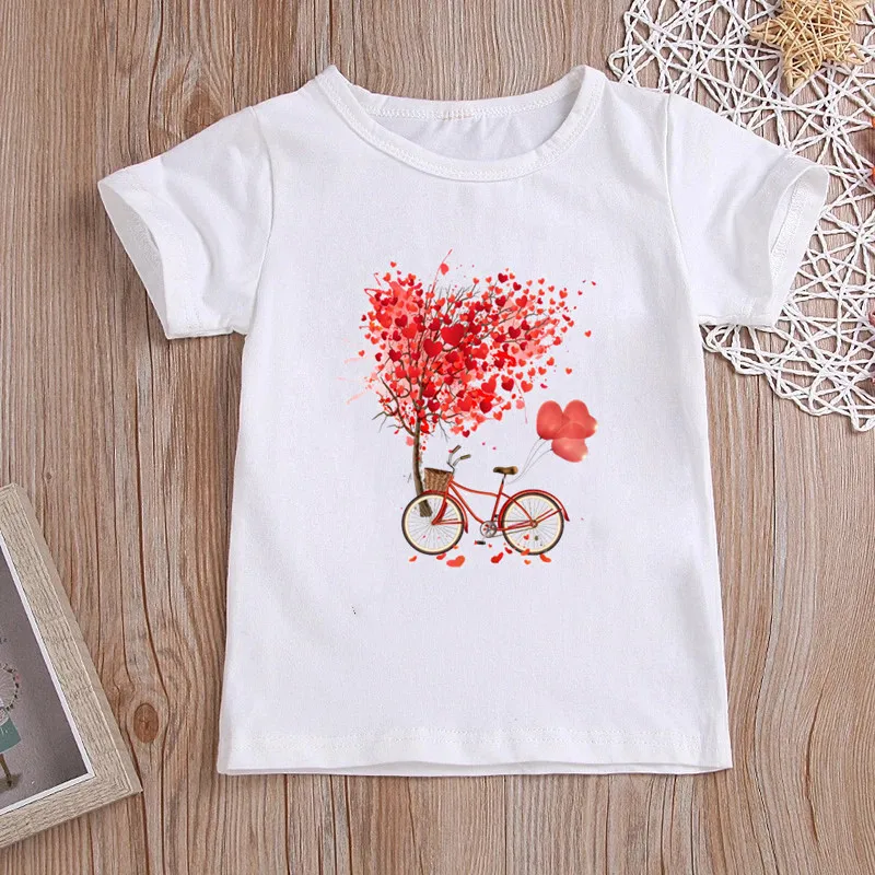 Lovely Red Bicycle Funny Kawaii Girls Clothes Streetwear Shirts Round Neck Baby Girl Tops Cartoon Casual Kids T-shirt