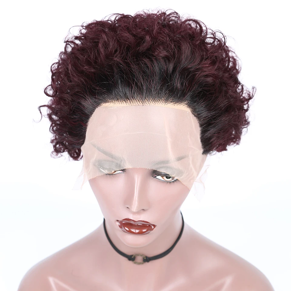 Недорогой парик фея человеческие волосы Омбре 99J Красные Короткие вьющиеся