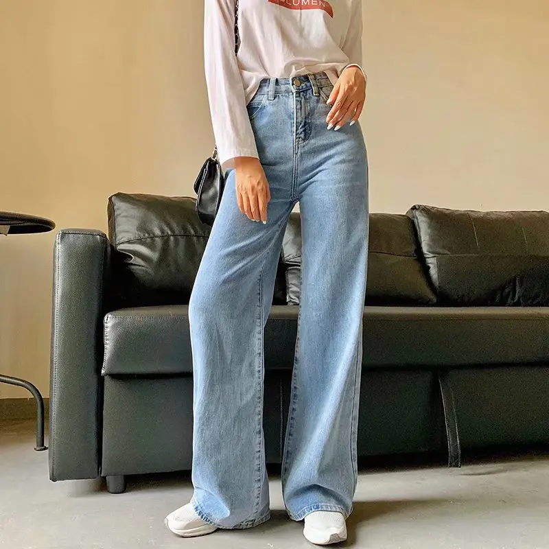 

Spring and Autumn new retro style high waist solid color wide leg jeans women street solid color slim straight jeans ladies