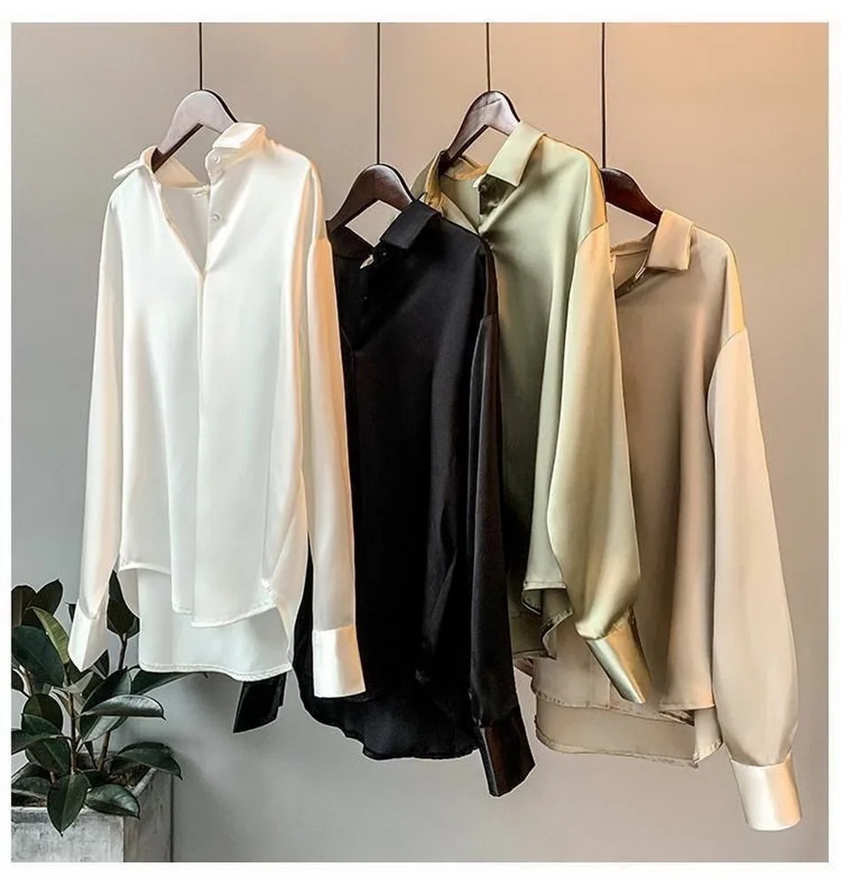 

2021 spring autumn hot sale loose drape retro Hong Kong style shirt shirt long-sleeved satin shirt women топ Блузки tops Рубашки