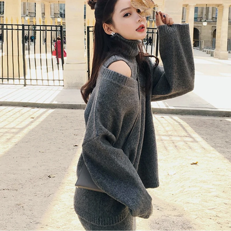 Корейский комплект из двух предметов пуловер Женский вязаный свитер + водолазка