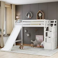 Twin Size Loft Bed With Storage And Slide Wood Low Sturdy Loft Bed for Kids Bedroom