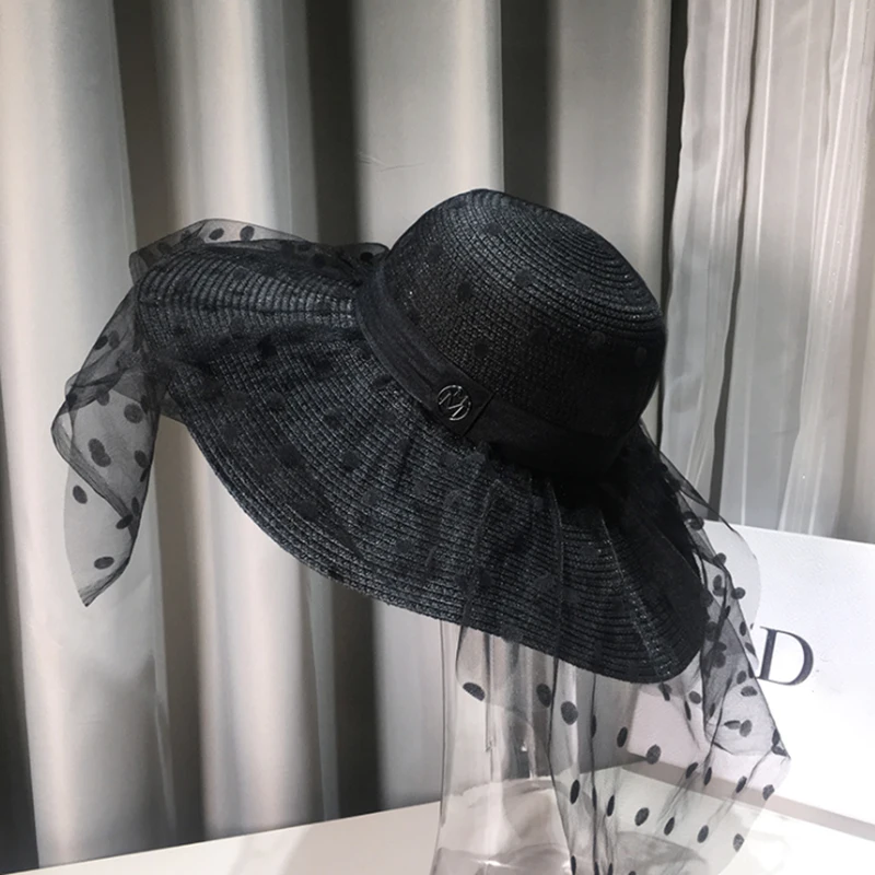 

MAERSHEI Handmade Weave Lace Sun Hats For Women Black Ribbon Lace Up Large Brim Straw Panama Hat Outdoor Beach Caps Chapeu Fem
