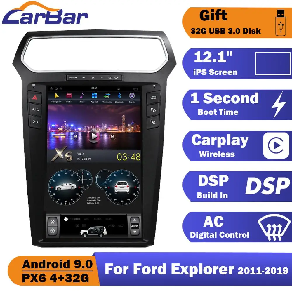 

12.1" Tesla Style Vertical Screen Android 9.0 Car DVD GPS Radio Navigation Stereo Audio Player For Ford Explorer 2011-2019