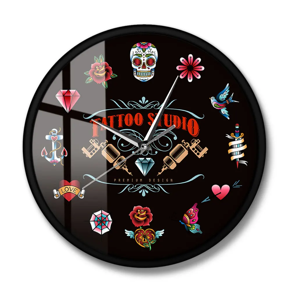 Тату студия Премиум Дизайн Черные современные настенные часы не тикают