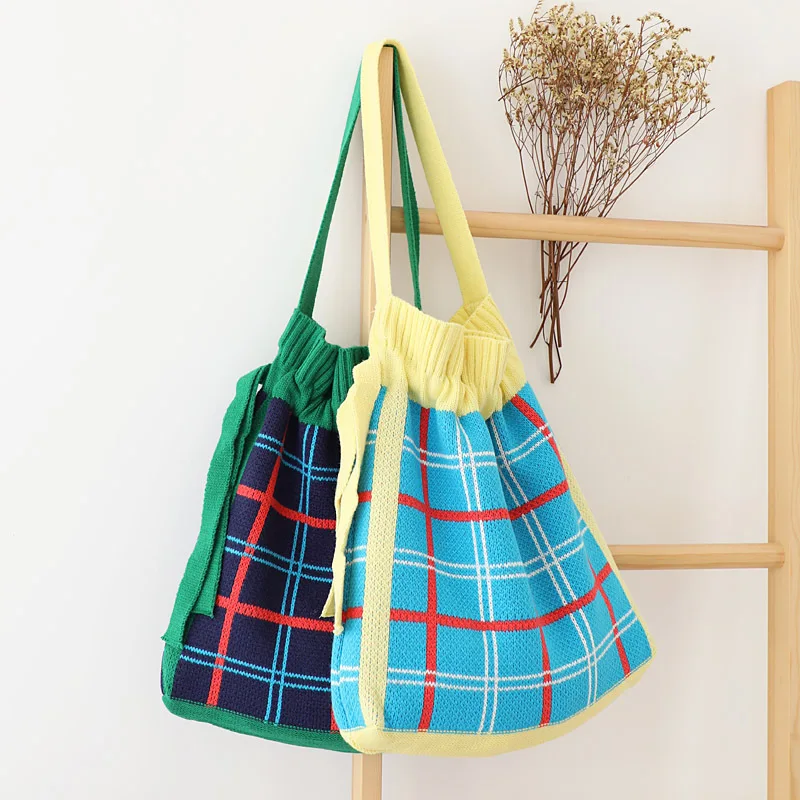 Винтажная клетчатая сумочка из клетчатой ткани женская вязаная сумка на шнурке с