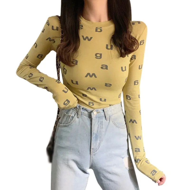

Women's clothing Korean Women's Fashion Round Collar Monogrammed Print Slim Long Sleeve T-Shirt Casual And Comfortable Blouse