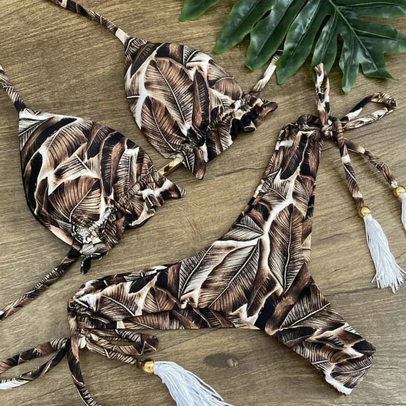 

Сексуальный купальник с принтом листьев, микро стринги, 2 предмета, купальный костюм, женский Мини Холтер, бикини, стринги, купальники, женск...