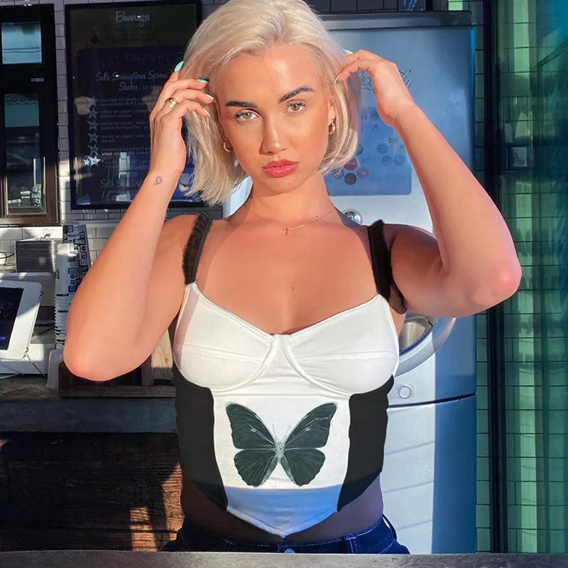 Женский укороченный топ с принтом бабочки MONMOIRA облегающий открытой спиной