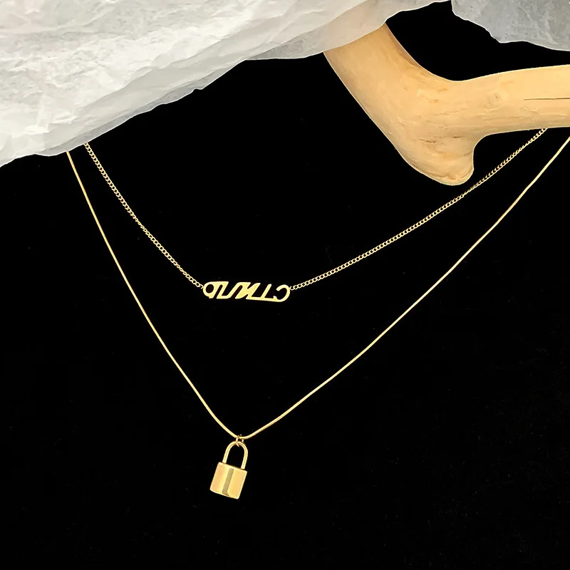 

Titanium Steel Necklace for Women Personalized Lock Pendant 2 Layer Charm Snake Chain Multi Layer Choker Necklace Hiphop Jewelry