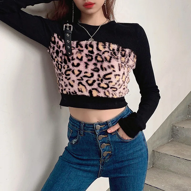 

Leopard Print Fur Stitching Round Neck Long-sleeved Pullover T-shirt Female Hot Girl Short Umbilical Bottoming Top Fall 2021 New