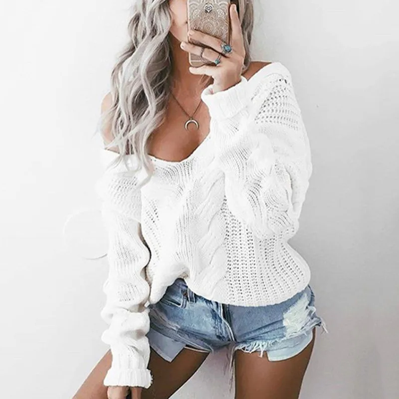 

2021 Autumn Winter Warm Top Danjeaner S-5XL Plus Size Sexy Deep V-neck Twist Knitted Sweaters Women Off Shoulder Solid Pullovers