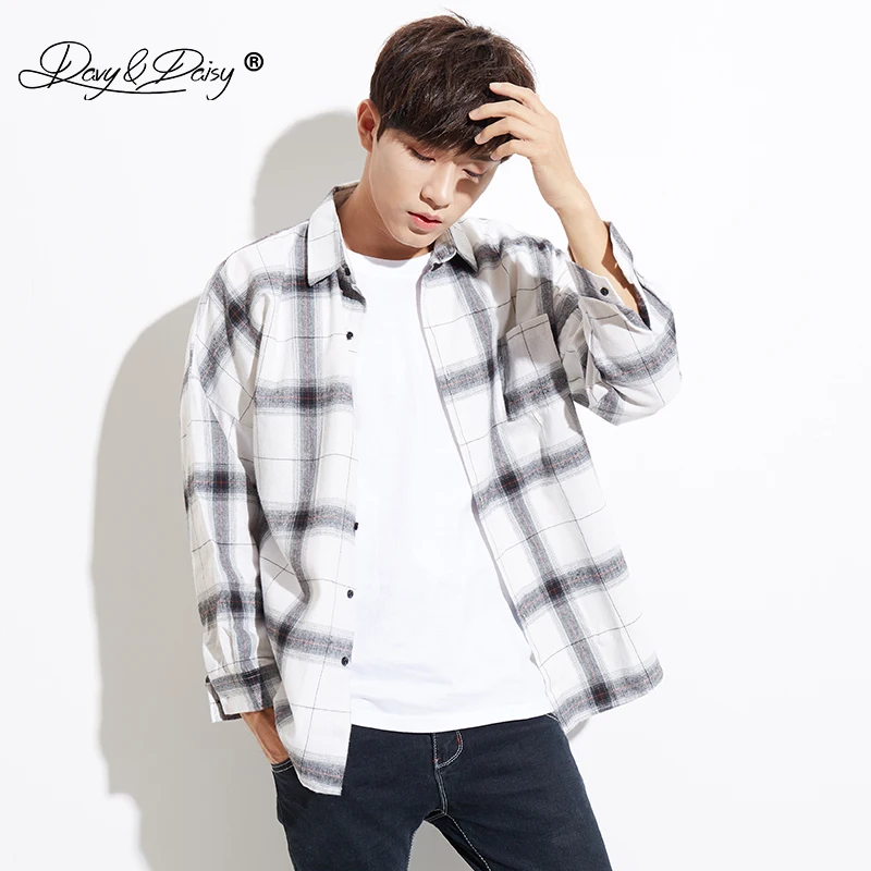 Мужская рубашка с открытыми плечами Повседневная фланелевая клетчатая длинными