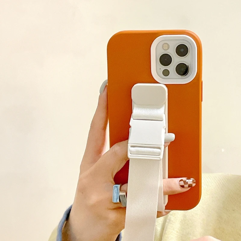 

Luxury Solid color Wrist Strap Clip Phone Case For iPhone 11 12 13 Pro Max X Xr Xs Max 7 8 Puls Phone Holder Cover